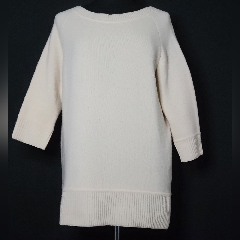 Donna Karan Ivory 100% Cashmere Tunic Length Sweater, Half Sleeves
